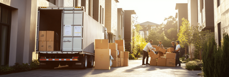 Équipe de déménageurs emballant des cartons pour un transport international.