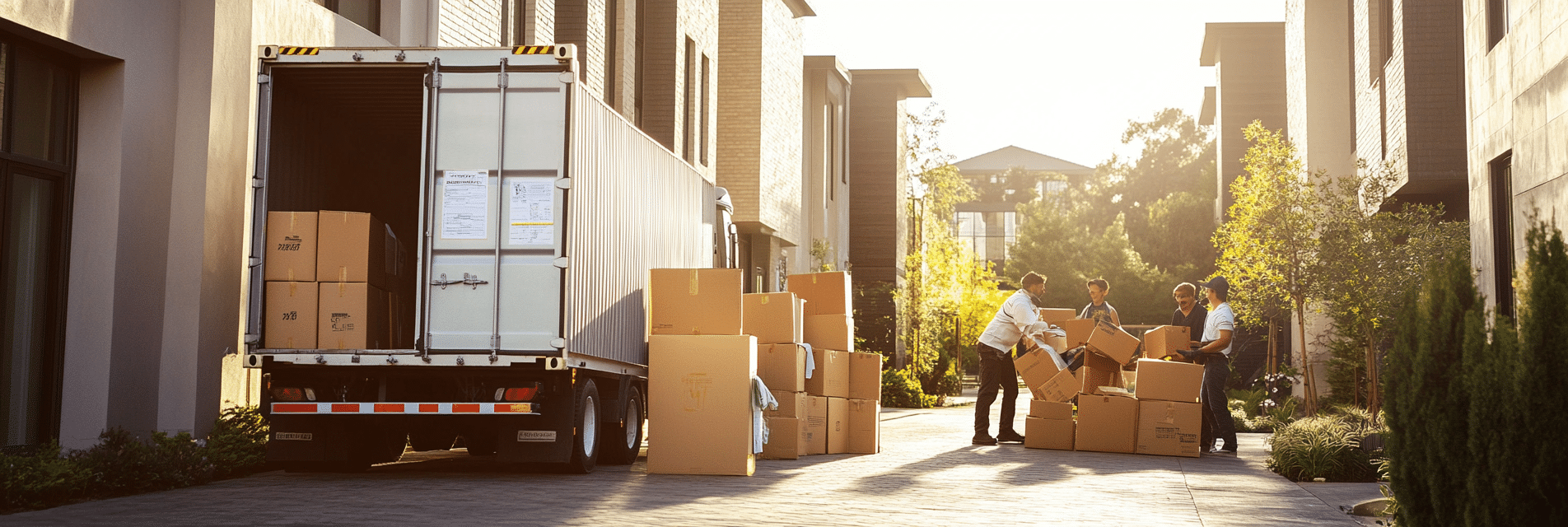 Équipe de déménageurs emballant des cartons pour un transport international.