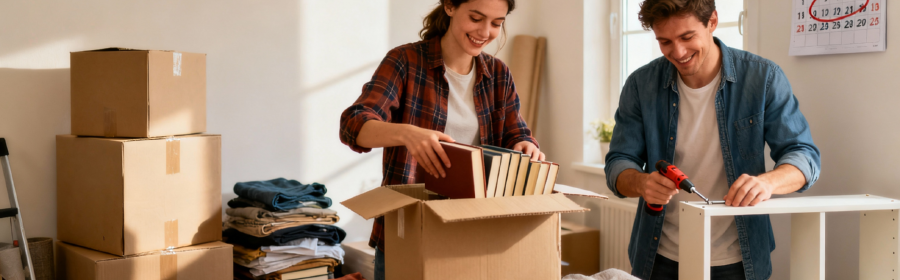 economiser petit demenagement conseils pratiques Couple préparant un petit déménagement économique : femme emballant des cartons et homme démontant un meuble dans un appartement organisé