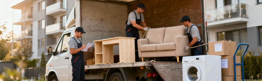 petit déménagement meubles cartons tarif Déménageurs chargeant un canapé, bureau et machine à laver dans un petit camion pour un déménagement petit volume à tarif économique