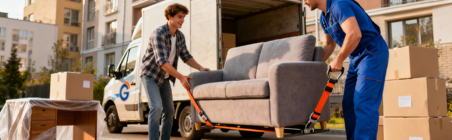 Petit déménagement professionnel – Aide au propriétaire Déménageur professionnel utilisant des sangles spécialisées pour un petit volume, travaillant avec le propriétaire dans une formule flexible