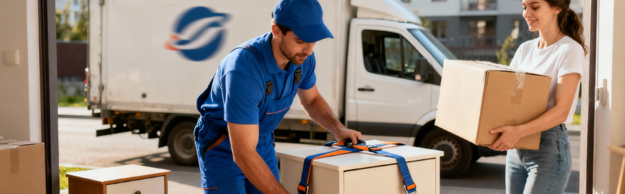 Petit déménagement professionnel pas cher Déménageur professionnel manipulant un meuble avec équipement spécialisé pour un petit déménagement économique en milieu urbain