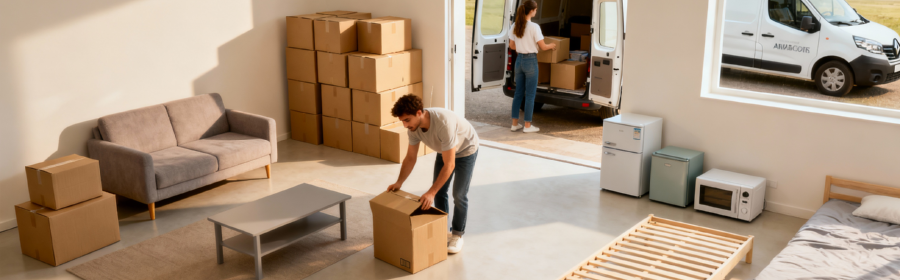 petit déménagement studio volume réduit Couple réalisant un petit déménagement dans un studio avec cartons empilés, mobilier limité et utilitaire compact visible