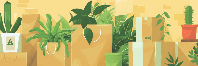 Cartons de déménagement écologiques avec plantes vertes.