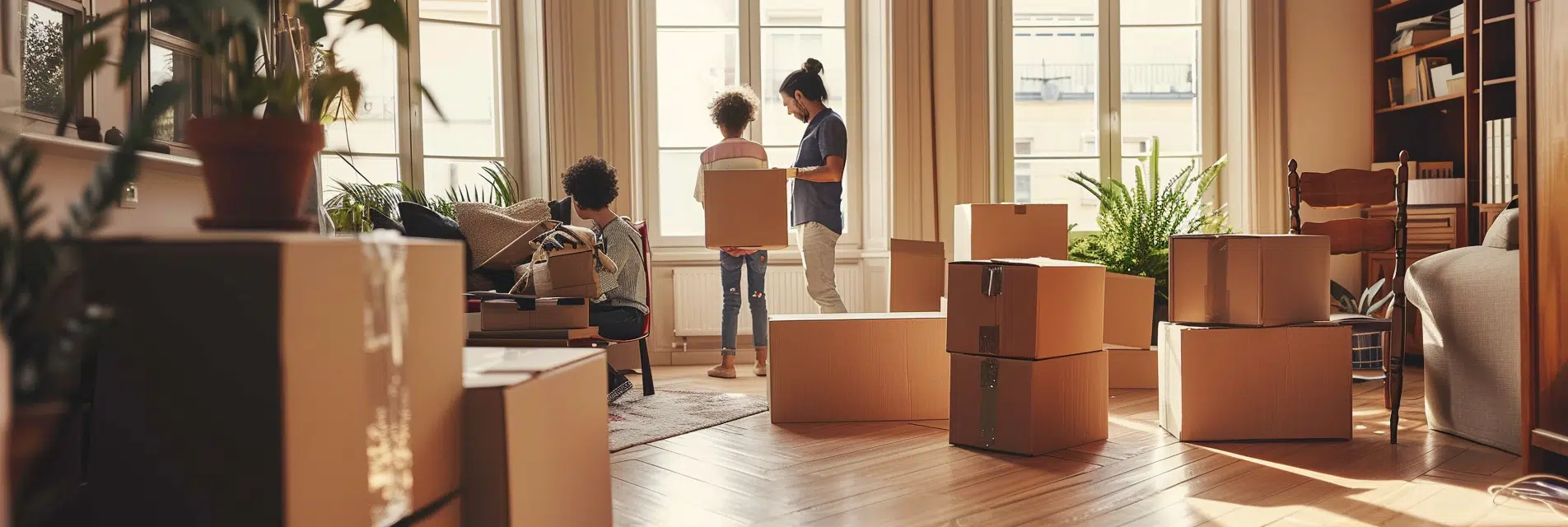 Famille emballant des cartons, camion dehors, déménagement semaine vs week-end Les avantages et inconvénients de déménager en semaine vs le week-end