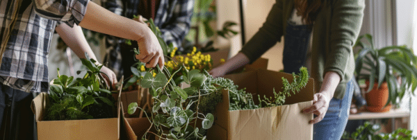 Personnes déménageant des plantes délicatement, utilisant des boîtes ventilées pour protéger les racines et le feuillage.