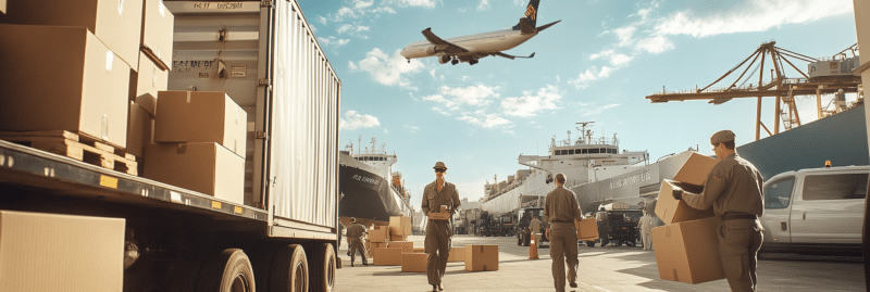 Déménageurs chargeant des cartons avec un cargo et un avion en arrière-plan.