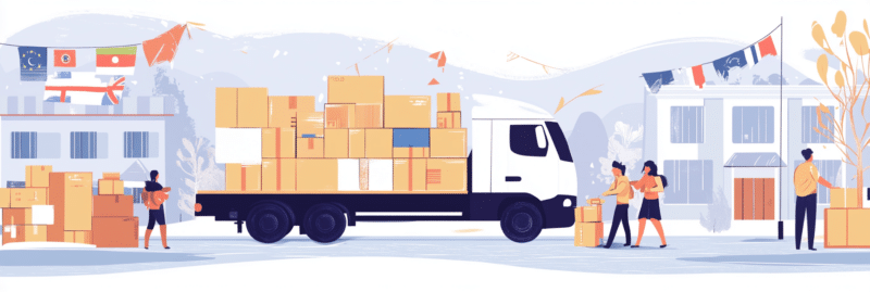 Illustration vectorielle d’un déménagement international avec famille et camion.