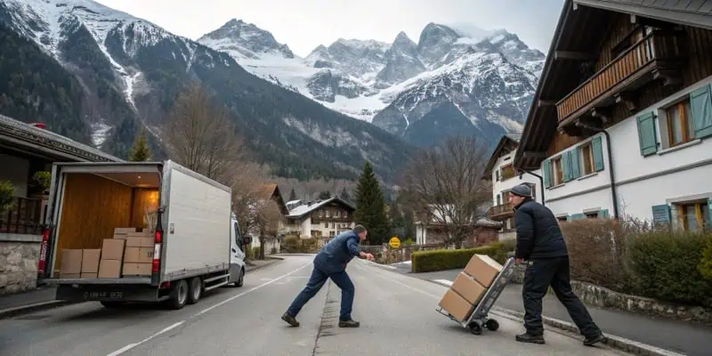 Déménageurs professionnels en action dans un village alpin