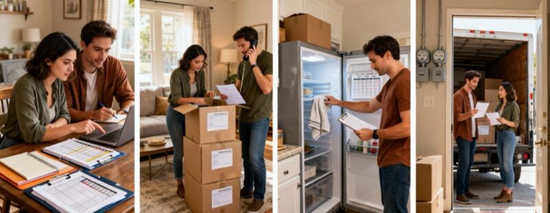 couple préparant un déménagement avec checklist, cartons étiquetés, frigo dégivré et chargement du camion