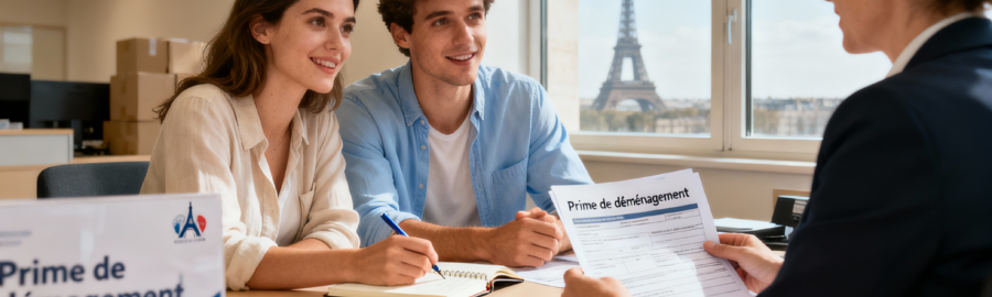aides déménagement paris conseil mairie Couple consultant un conseiller à la mairie de Paris pour des aides au déménagement, formulaires sur le bureau