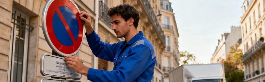 Autorisation de stationnement pour déménagement à Levallois-Perret Déménageur installant des panneaux d'interdiction de stationnement dans une rue étroite de Levallois-Perret pour sécuriser l'espace
