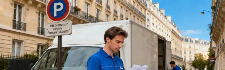 Camion de déménagement avec autorisation de stationnement à Neuilly-sur-Seine devant immeuble haussmannien et déménageurs