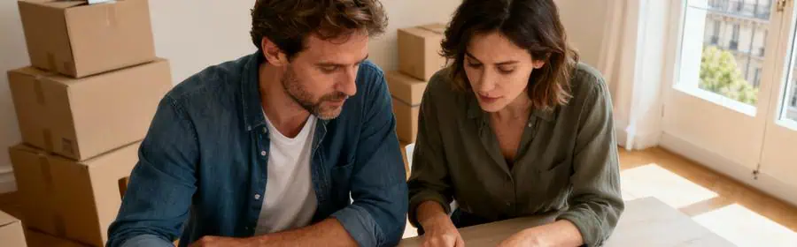Couple comparant des devis de déménagement pour Levallois-Perret, calculatrice en main et cartons en arrière-plan