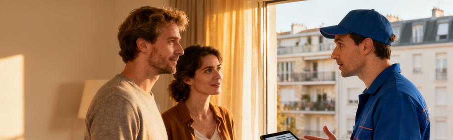 Couple consultant un devis avec un déménageur professionnel dans un appartement à Issy-les-Moulineaux, préparation déménagement