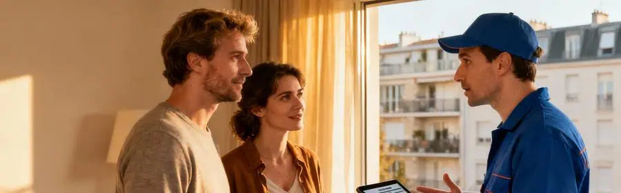 Couple consultant un devis avec un déménageur professionnel dans un appartement à Issy-les-Moulineaux, préparation déménagement