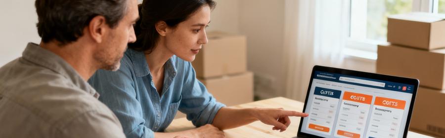 Comparaison de devis déménagement – Choix du professionnel Couple comparant trois devis de déménagement sur une table avec ordinateur affichant une plateforme de mise en relation et cartons en arrière-plan