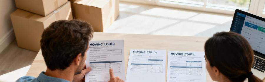 Comparaison de devis déménagement pour couple – Analyse détaillée Couple analysant trois devis de déménagement avec calculatrice, comparant les prestations et prix pour choisir l'offre la plus adaptée
