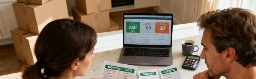 Couple comparant trois devis de déménagement avec ordinateur portable et calculatrice, cartons visibles en arrière-plan