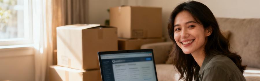 Comparaison de devis déménagement – Plateforme en ligne Femme comparant des devis de déménageurs sur une plateforme en ligne, entourée de cartons et documents de planification