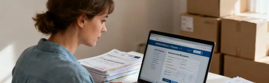 Femme organisant ses démarches administratives de déménagement sur ordinateur avec documents et cartons en arrière-plan
