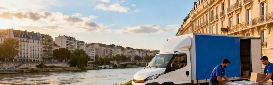 Déménageurs professionnels déchargeant un camion devant un immeuble à Asnières-sur-Seine avec vue sur la Seine en arrière-plan