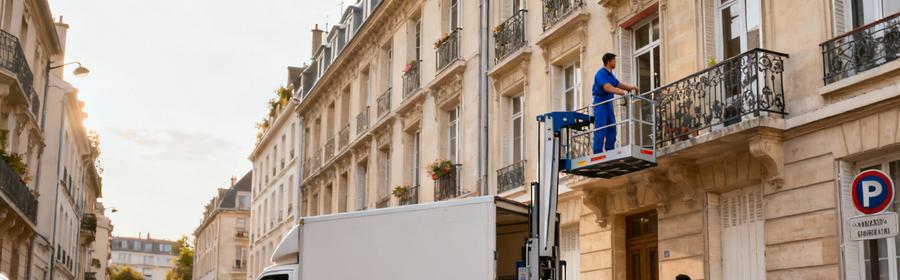 Déménagement à Asnières-sur-Seine – Monte-meubles pour immeuble Déménagement à Asnières-sur-Seine avec monte-meuble hydraulique devant un immeuble haussmannien dans une rue étroite résidentielle