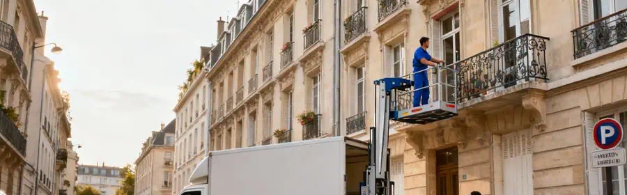 Déménagement à Asnières-sur-Seine avec monte-meuble hydraulique devant un immeuble haussmannien dans une rue étroite résidentielle