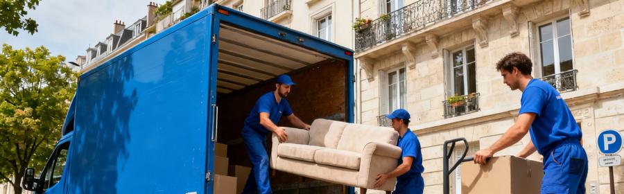 Déménagement à Asnières-sur-Seine – Professionnels avec camion Déménageurs professionnels chargeant un camion à Asnières-sur-Seine devant un immeuble résidentiel, service complet et organisé