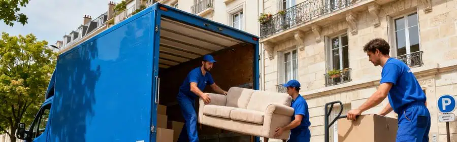 Déménageurs professionnels chargeant un camion à Asnières-sur-Seine devant un immeuble résidentiel, service complet et organisé