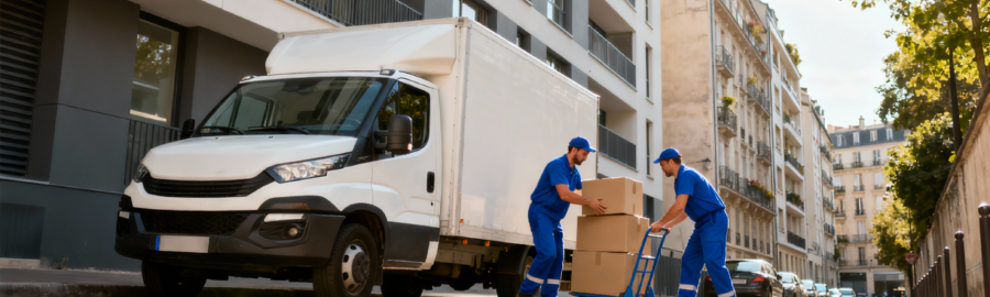 Déménagement à Boulogne-Billancourt – Rue étroite Déménageurs professionnels avec camion dans une rue étroite de Boulogne-Billancourt, illustrant les défis logistiques locaux