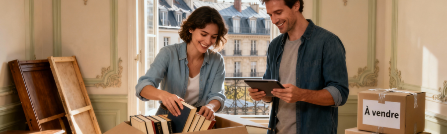 déménagement économique paris astuces prix réduit Couple préparant un déménagement économique à Paris, emballant cartons et consultant un devis pour réduire les coûts