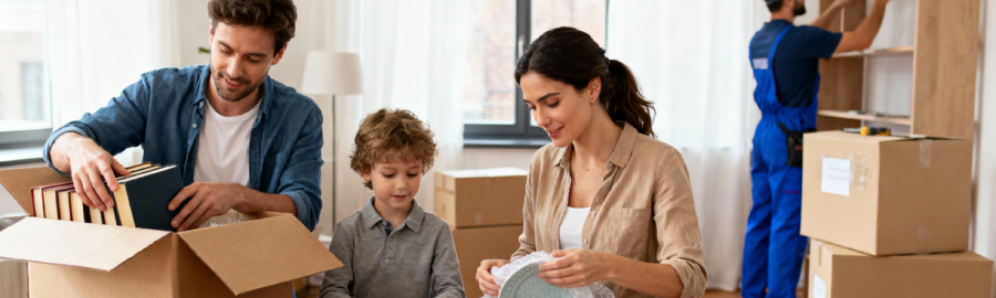demenagement-emballage-famille-lyon Famille lyonnaise préparant son déménagement, père emballant des cartons et mère protégeant la vaisselle, avec un professionnel à proximité