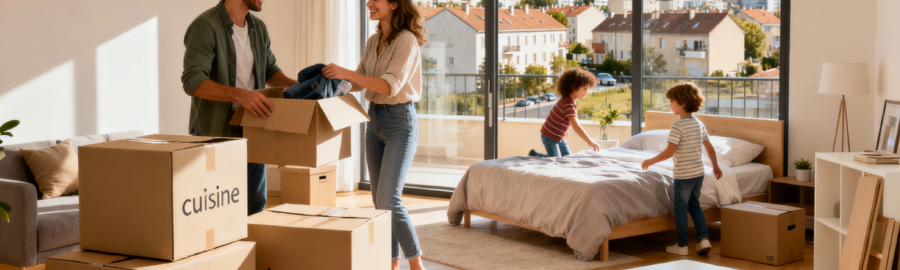Déménagement de famille à Colombes – Installation en appartement Famille déballant des cartons dans un nouvel appartement à Colombes, cartons étiquetés et vue sur le quartier résidentiel