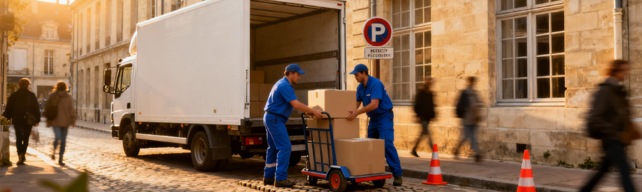 Déménageurs travaillant dans une rue pavée étroite du centre-ville de Fontainebleau avec camion stationné et autorisation municipale
