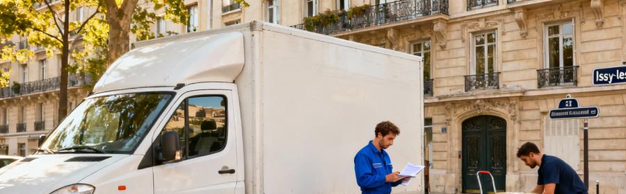 Déménageurs professionnels à Issy-les-Moulineaux avec camion stationné près de barrières de réservation et document d'autorisation