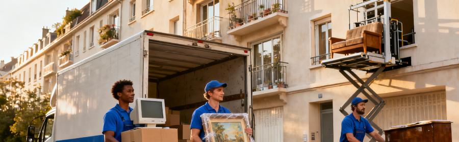 Équipe de déménageurs professionnels à Issy-les-Moulineaux transportant différents types de biens avec camion et monte-meuble
