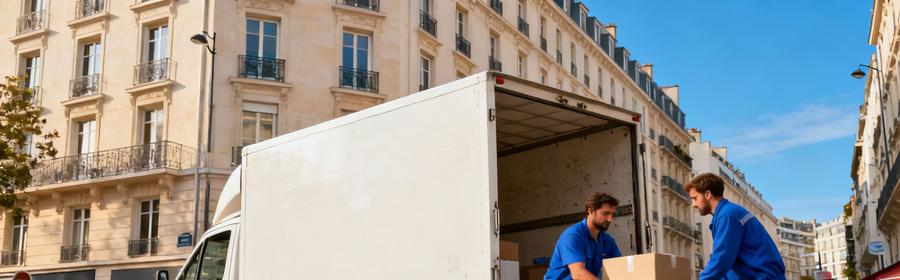 Déménagement à Levallois-Perret – Immeuble résidentiel Déménageurs professionnels déchargeant un camion devant un immeuble moderne à Levallois-Perret, quartier résidentiel densément peuplé