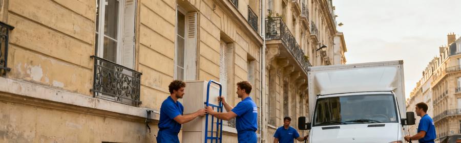 Déménagement à Levallois-Perret – Monte-meubles pour immeuble Déménageurs installant un monte-meubles contre un immeuble haussmannien à Levallois-Perret, rue étroite avec circulation dense