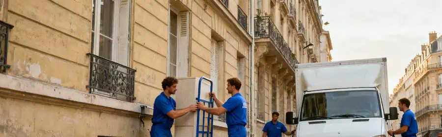 Déménageurs installant un monte-meubles contre un immeuble haussmannien à Levallois-Perret, rue étroite avec circulation dense