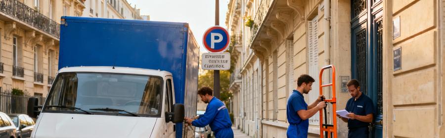 Budget déménagement à Levallois-Perret – Comparaison de devis Camion de déménagement dans une rue étroite de Levallois-Perret avec monte-meubles installé contre un immeuble haussmannien