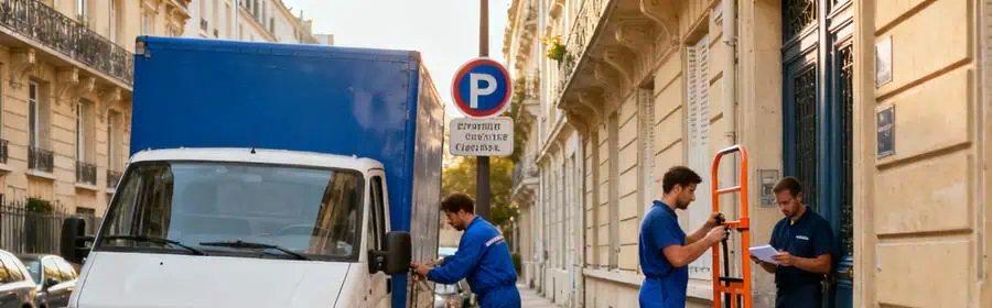 Camion de déménagement dans une rue étroite de Levallois-Perret avec monte-meubles installé contre un immeuble haussmannien