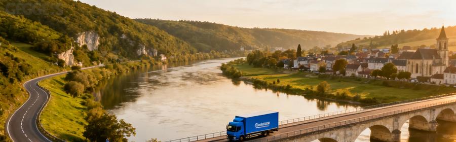camion déménagement  Loire Vue aérienne camion déménagement traversant pont sur la Loire, paysage départemental 42 avec rivière et collines verdoyantes