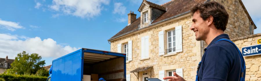Déménagement dans la Loire (42) : trouvez facilement des professionnels disponibles Déménageurs professionnels déchargeant camion devant maison dans la Loire, client consultant responsable avec tablette