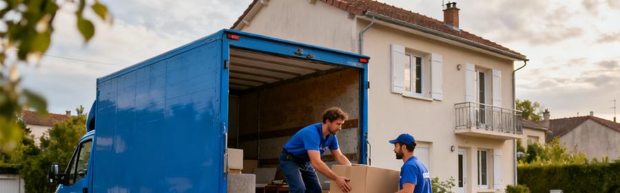 Une solution de déménagement pour chaque projet dans la Loire Déménageurs chargeant camion devant pavillon dans la Loire, service adapté aux particuliers en zone résidentielle