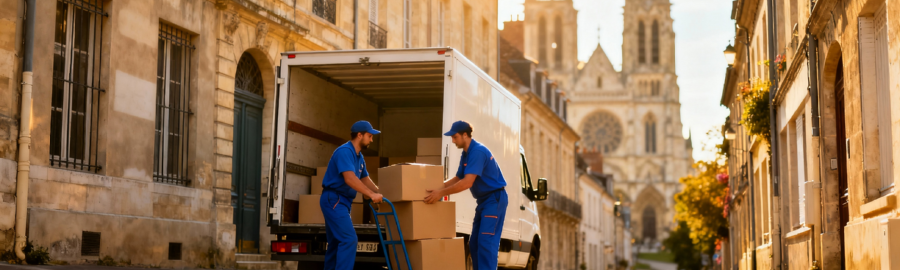 Déménageurs professionnels avec camion dans une ruelle étroite du centre historique de Meaux, cathédrale Saint-Étienne en arrière-plan