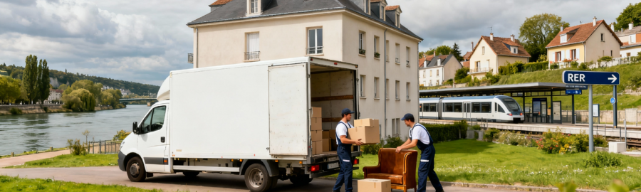 demenagement-melun-seine-et-marne-camion Camion de déménagement à Melun avec déménageurs déchargeant des cartons près de la Seine, vue sur la ville et la gare RER D
