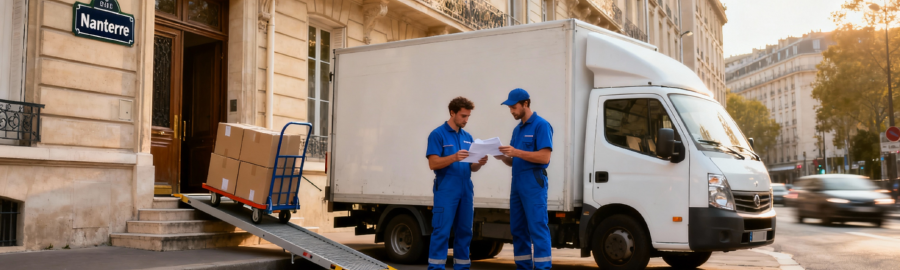Déménagement à Nanterre – Autorisation de stationnement pour camion Déménageurs à Nanterre consultant une autorisation de stationnement devant un immeuble haussmannien avec camion et équipement