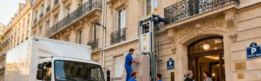 Équipe de déménagement installant un monte-meubles devant un immeuble haussmannien à Neuilly-sur-Seine avec camion et panneaux réservés