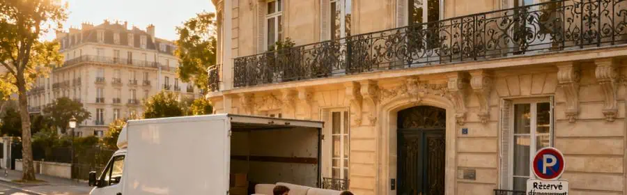 Déménageurs professionnels déchargeant un canapé d'un camion devant un immeuble haussmannien à Neuilly-sur-Seine
